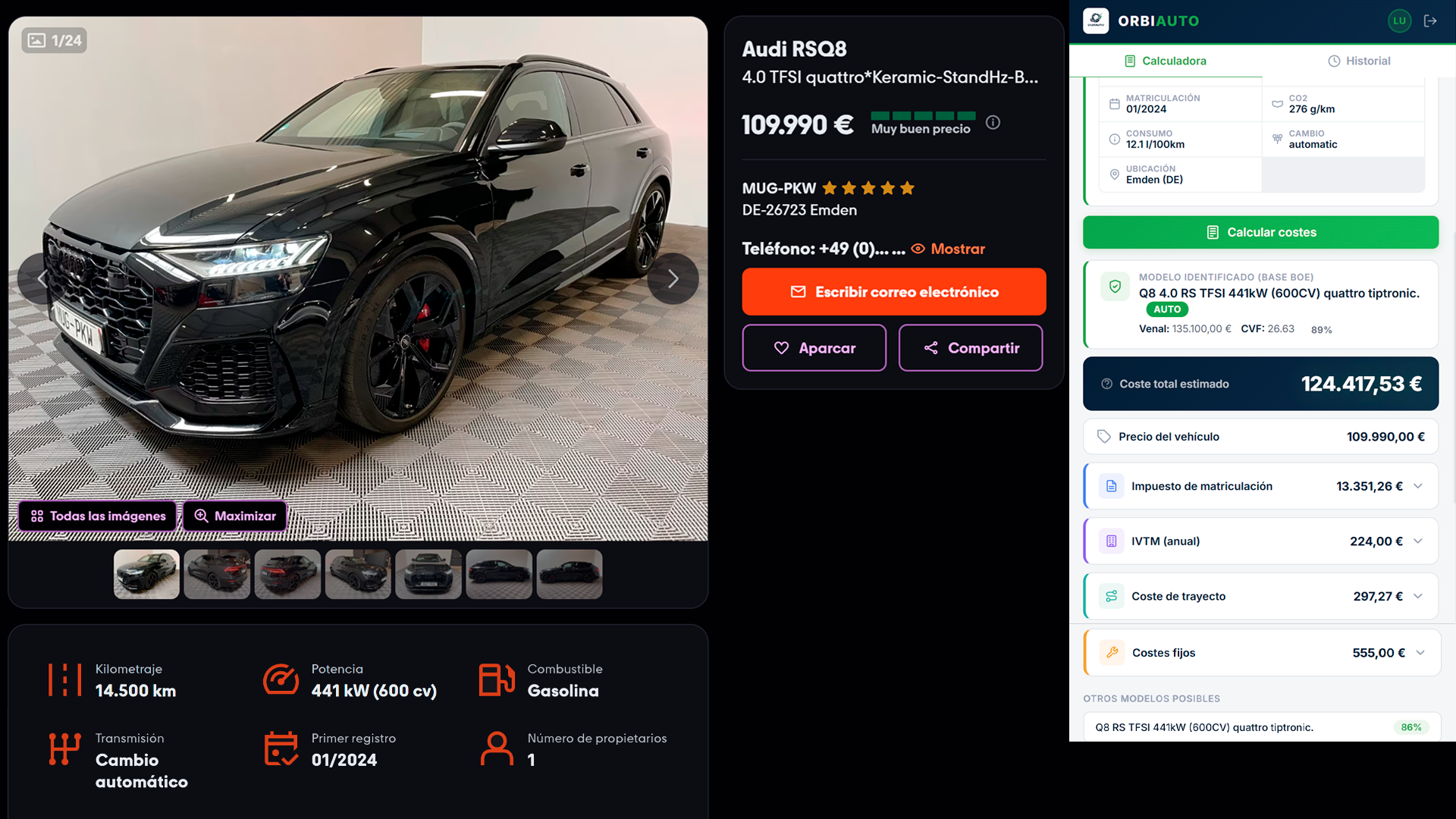 ORBIAUTO calculando costes de importación sobre un anuncio de Audi RSQ8 en mobile.de